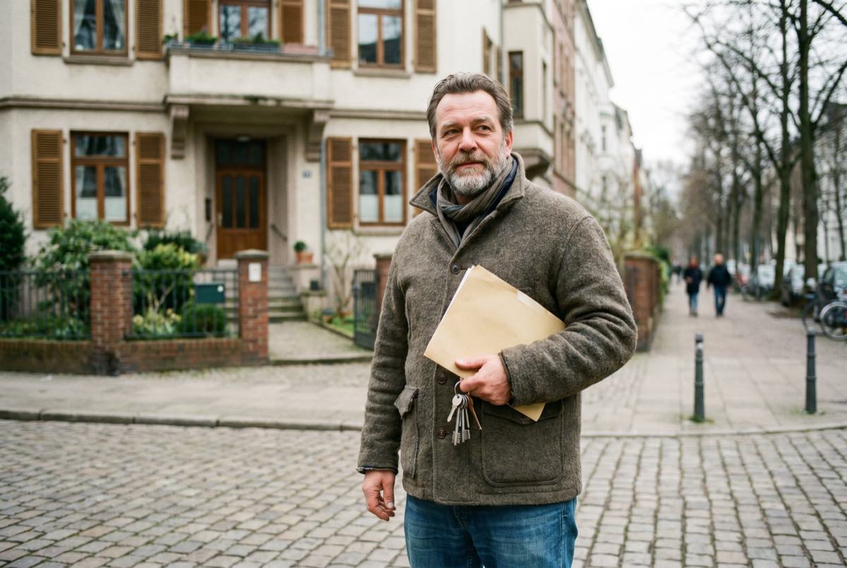 Vermieter mit Schlüsseln und Unterlagen vor einem Mehrfamilienhaus