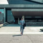 a man walking outside a building